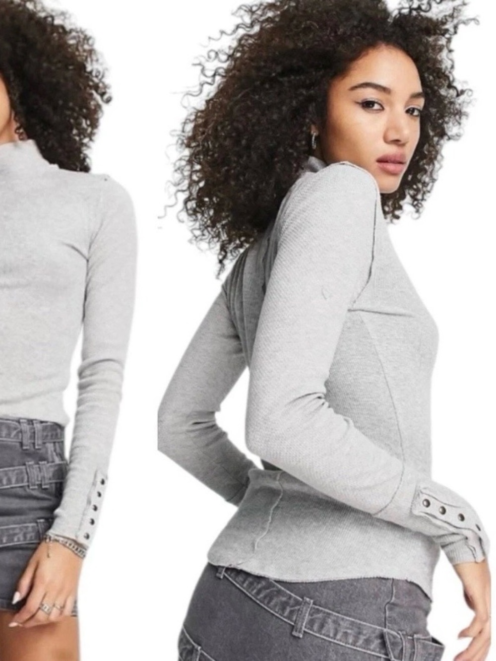 We The Free | Jojo Thermal Top Gray Ribbed Mock Neck Knit Pullover Medium